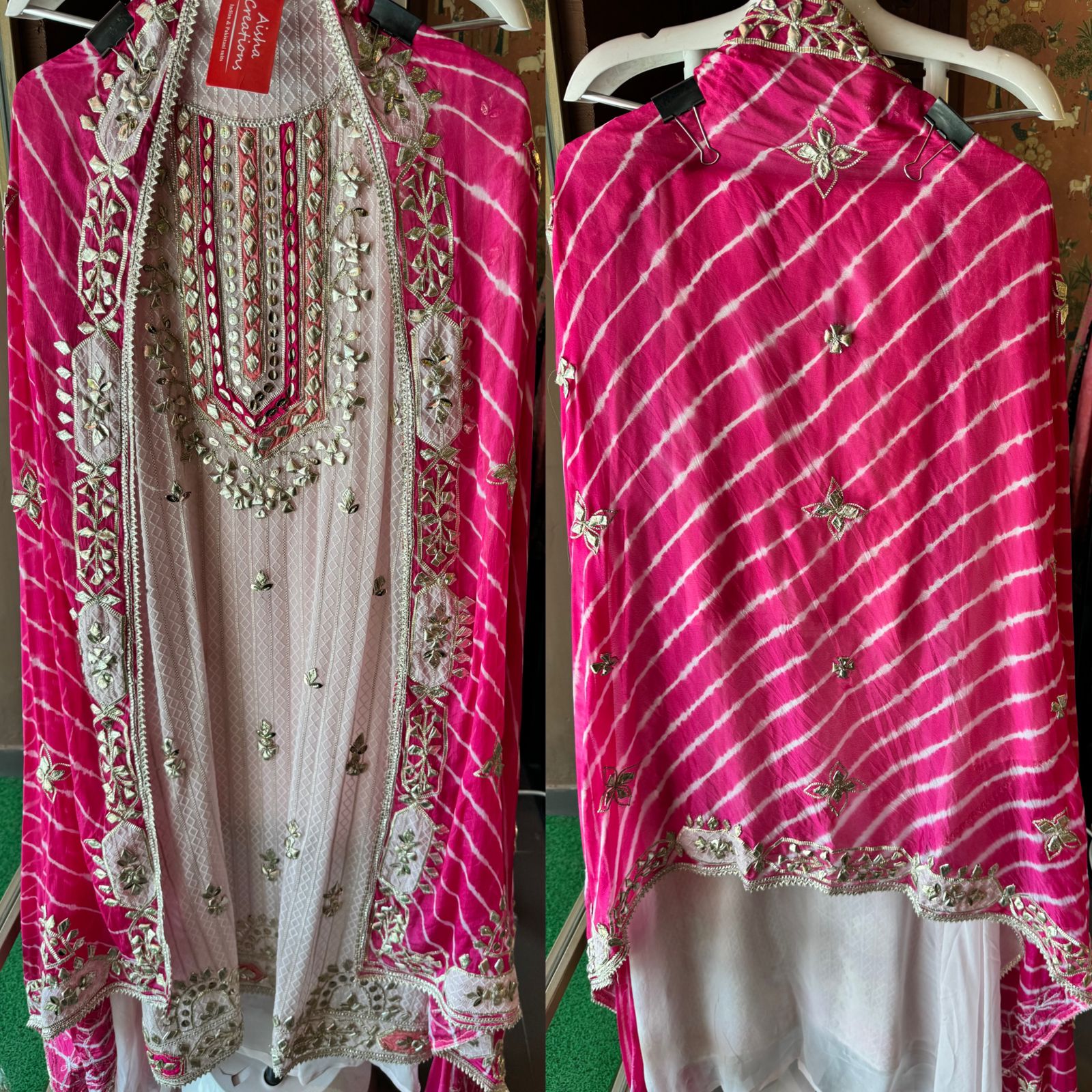 Pure Georgette Self embroidered shirt with heavy gotta Patti work done on the neckline